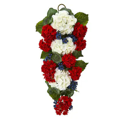 Front. BreeBe - 26" Geranium and Blue Berry Artificial Teardrop - Green.