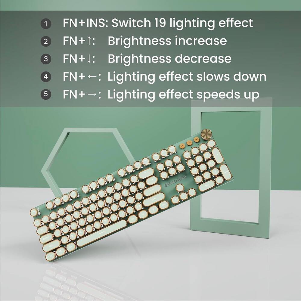1. FN+INS: Switch 19 lighting effect  
2. FN+↑: Brightness increase  
3. FN+↓: Brightness decrease  
4. FN+←: Lighting effect slows down  
5. FN+→: Lighting effect speeds up