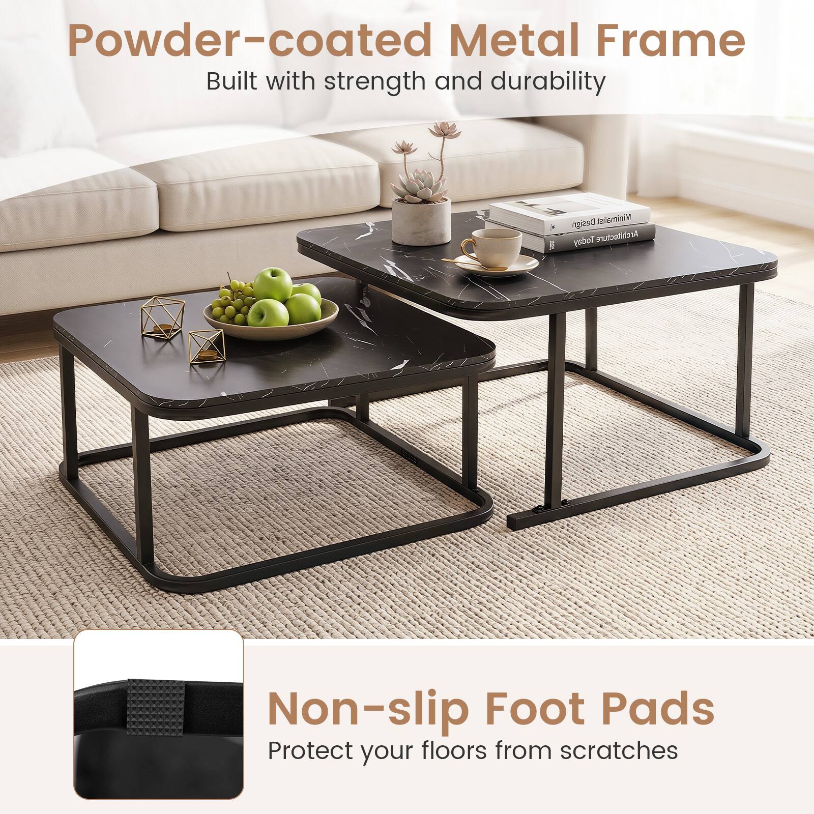 Powder-coated Metal Frame  
Built with strength and durability  

Non-slip Foot Pads  
Protect your floors from scratches