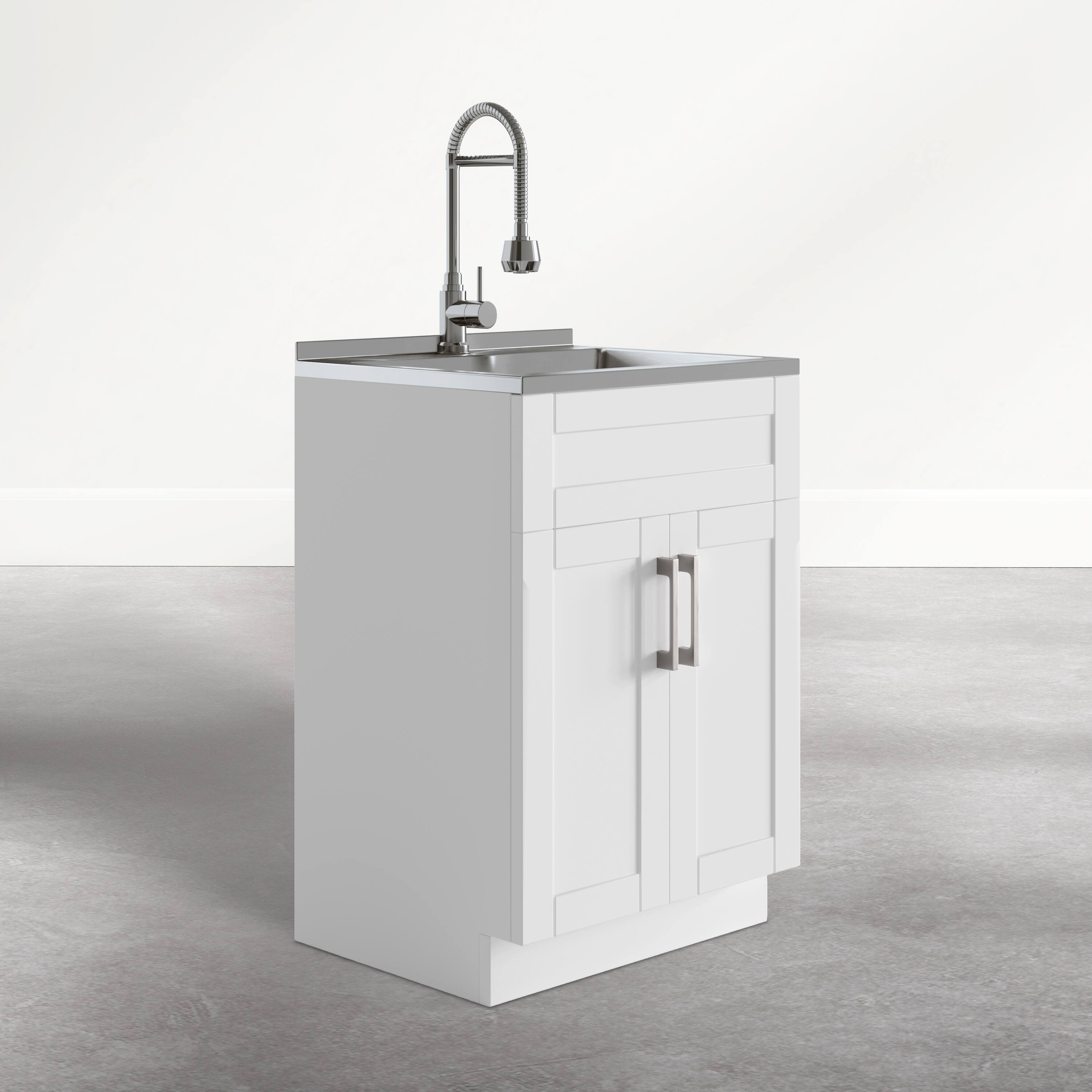 Angle. Simpli Home - Hennessy 24 inch Wide Utility Sink and Laundry Cabinet, Glacier White Finish - Glacier White.