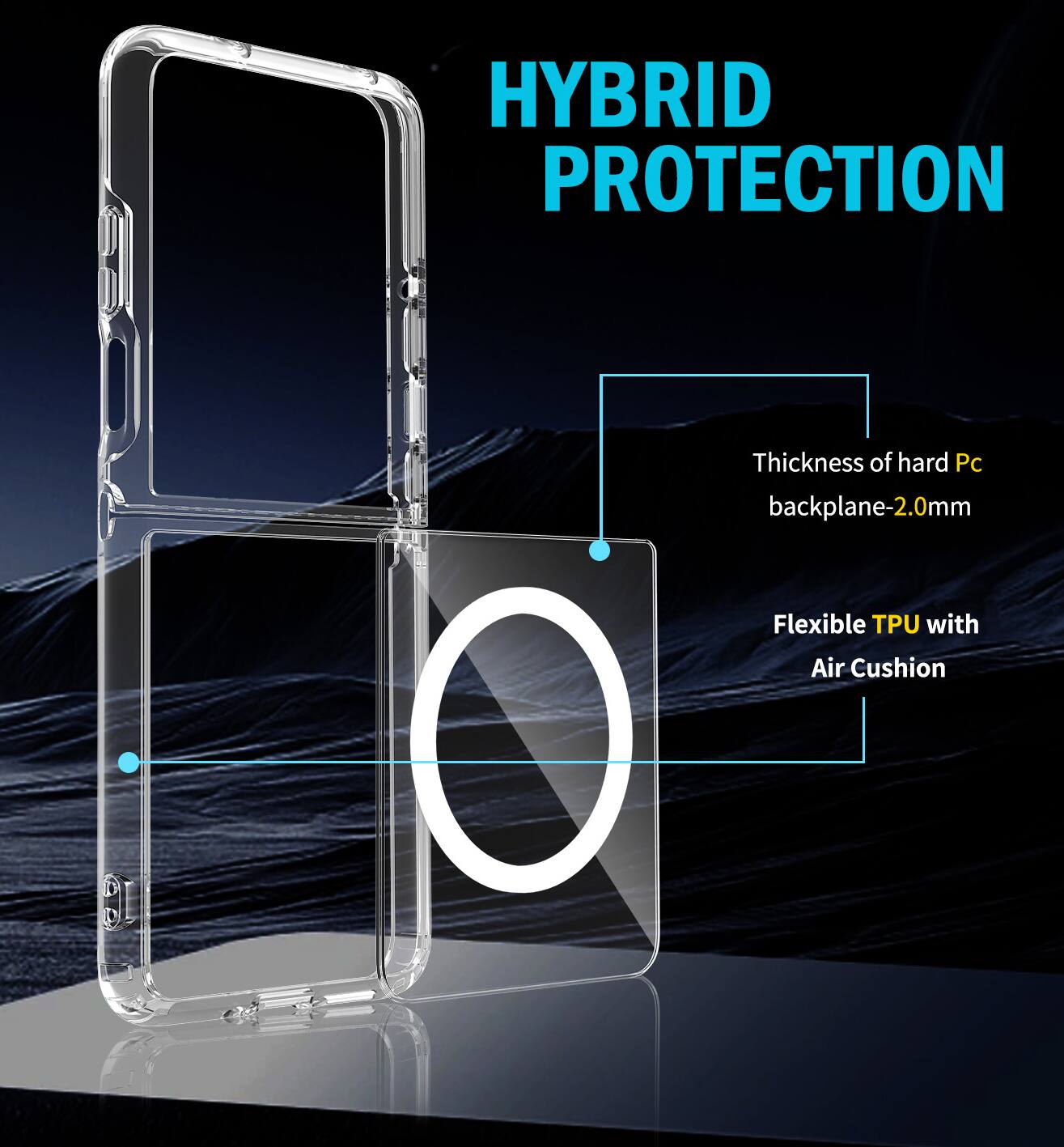 HYBRID PROTECTION

Thickness of hard Pc backplane-2.0mm

Flexible TPU with Air Cushion