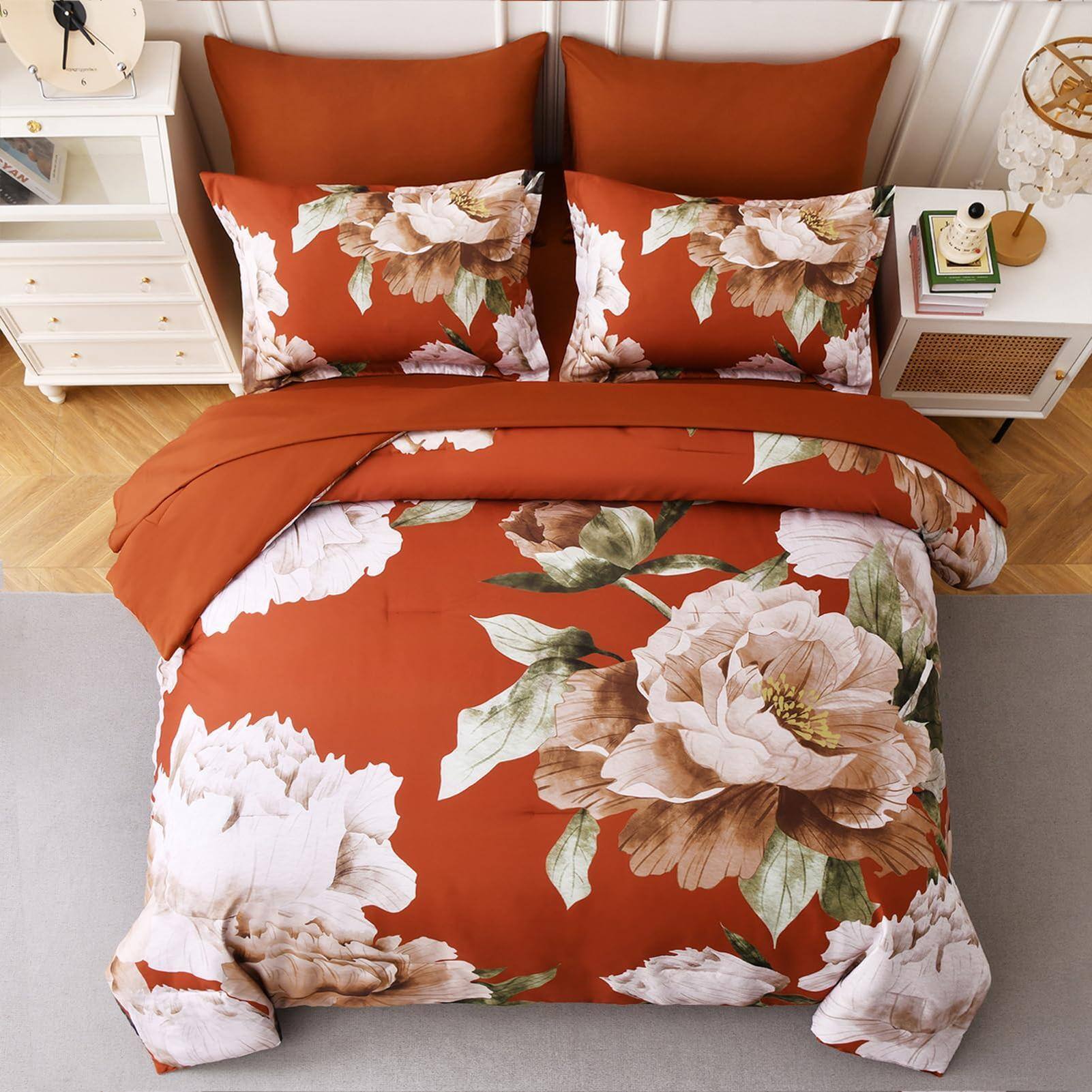 Back. Cedar Assembly - Burnt Comforter Set Queen 7 Piece Bed In A Bag Floral Printed On With Sheets Soft Microfiber Botanical Fall - Olive Green-King.