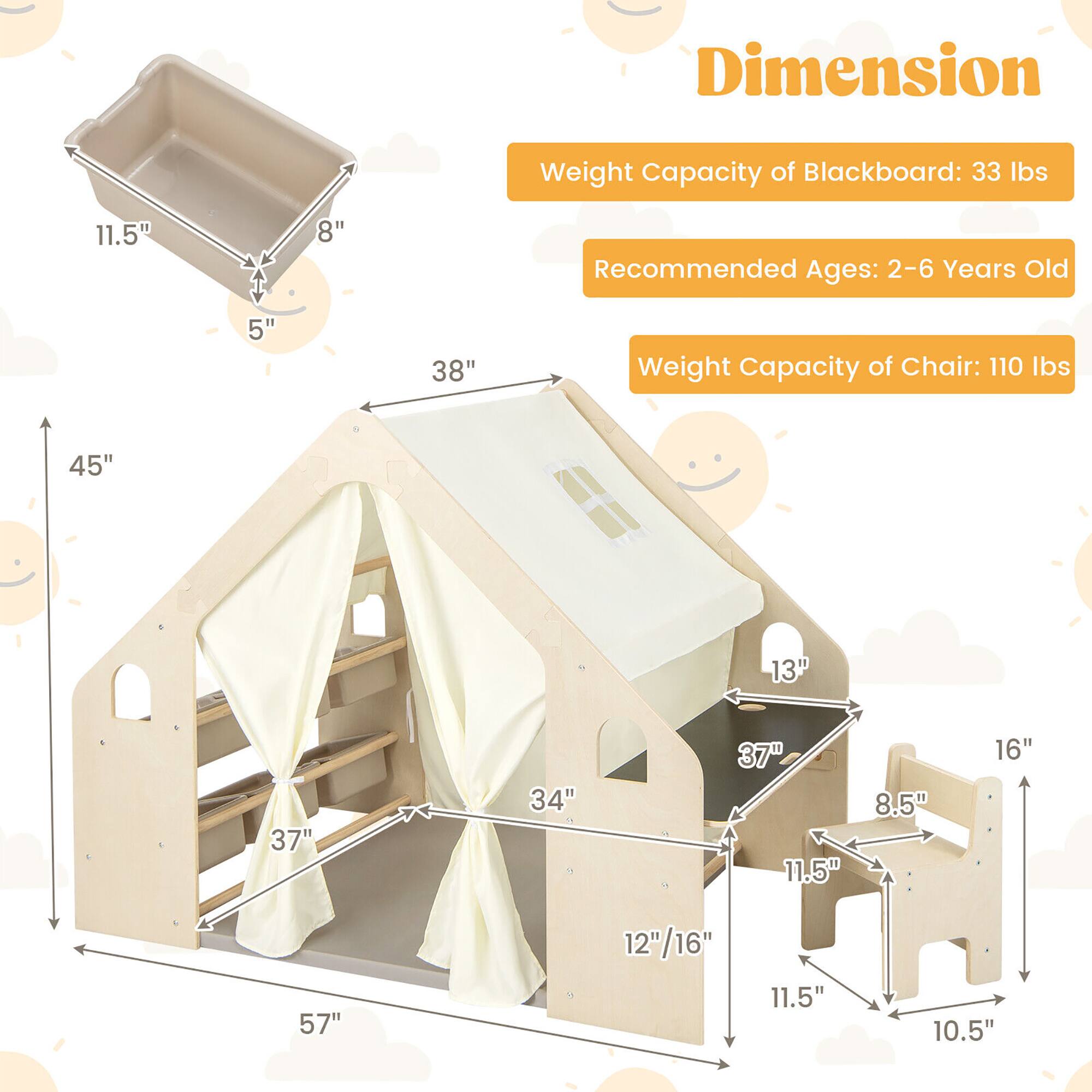 - Dimension
- Weight Capacity of Blackboard: 33 lbs
- Recommended Ages: 2-6 Years Old
- Weight Capacity of Chair: 110 lbs

- 11.5" x 8" x 5"
- 45" x 38" x 37"
- 13" x 37" x 16"
- 8.5" x 11.5" x 10.5"
- 12"/16" x 11.5" x 57"
