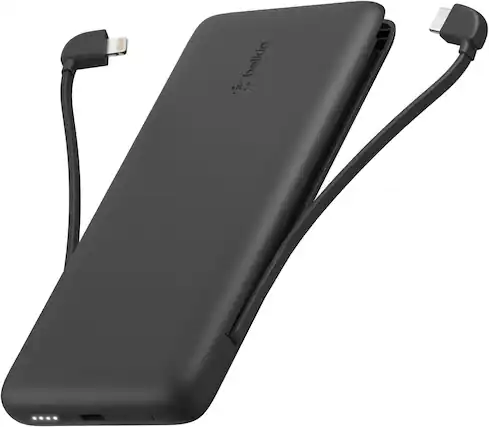 Front. Belkin - 10,000mAh Portable Charger 23W with Built-In Lightning & USB-C Cables for iPhone 17, Galaxy S25 & Pixel 10 - Black.