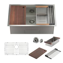 Boyel Living - 30 in. Undermount Single Bowl 18-Gauge Stainless Steel Kitchen Sink with Cutting Board, Rolling Drying Rack, Drain - Silver