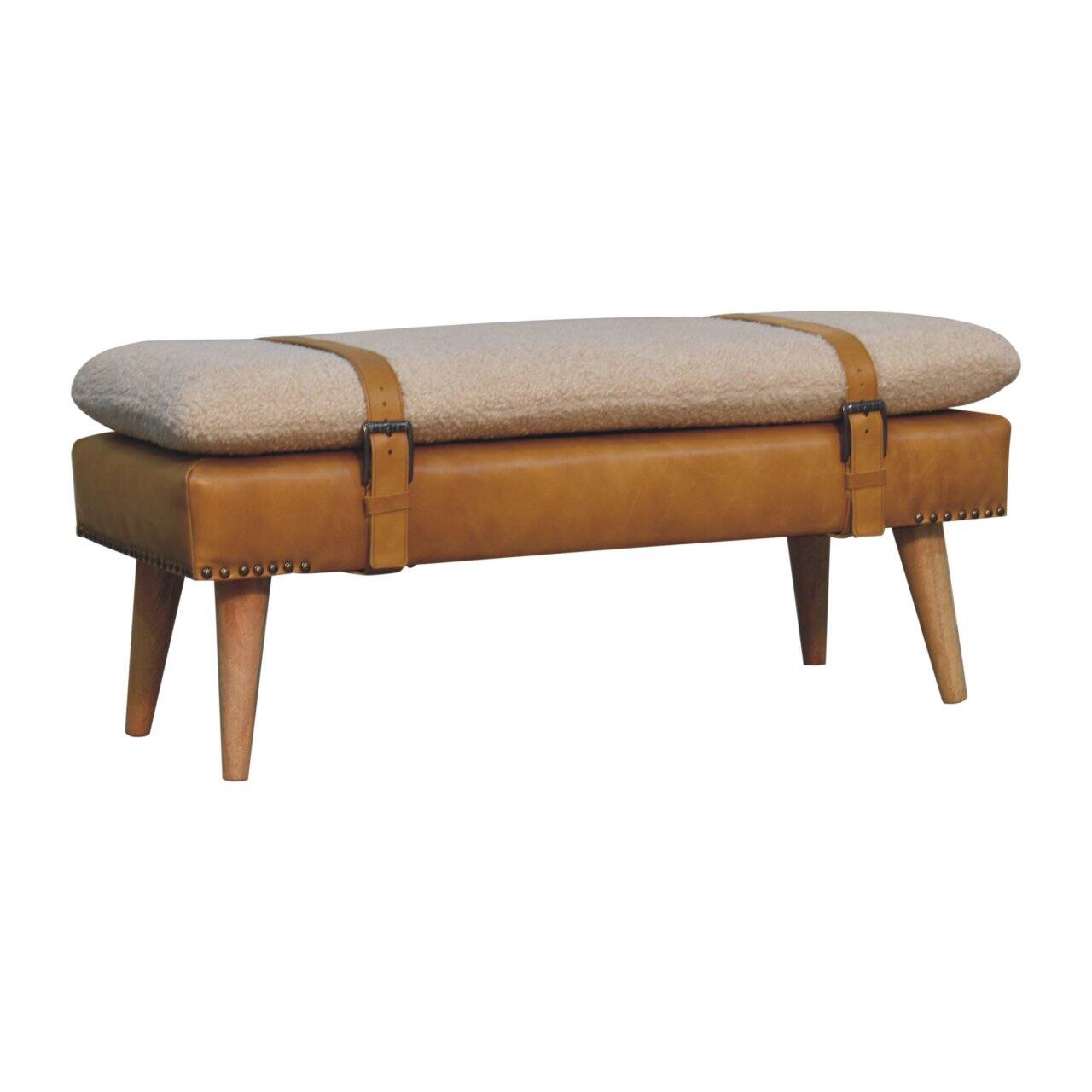 Back. Artisan Furniture - Artisan Furniture Solid Wood BouclÃ© Buffalo Hide Tan Leather Bench, Upholstered, Brown & Cream - Brown & Cream.
