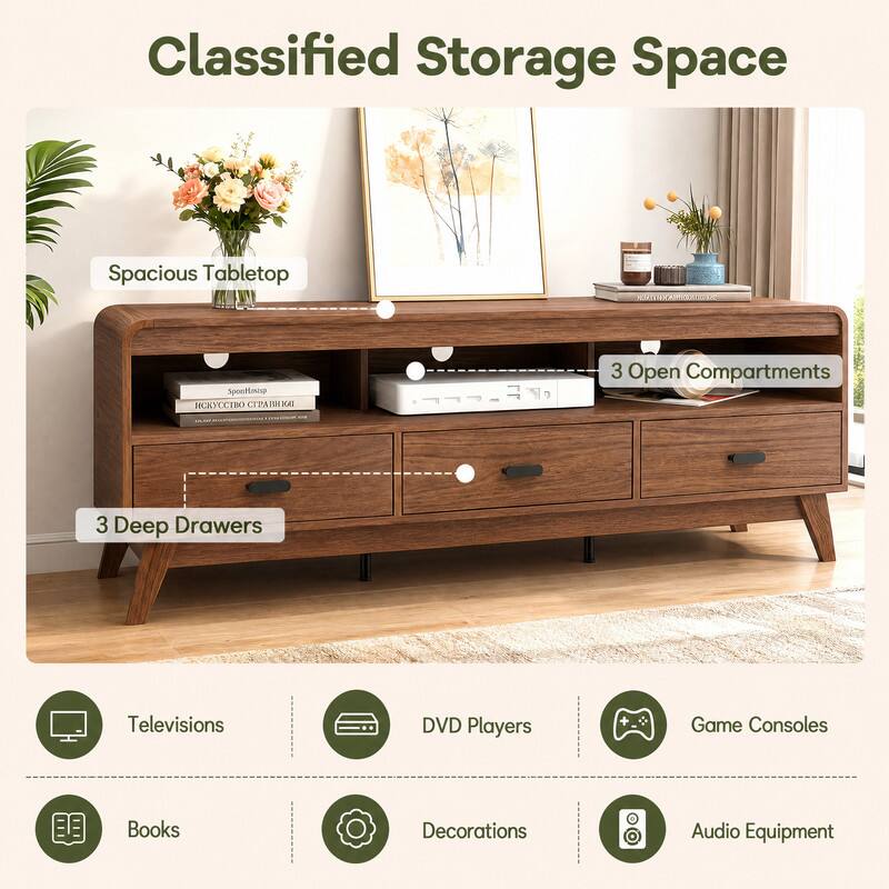 Classified Storage Space

Spacious Tabletop

3 Open Compartments

3 Deep Drawers

- Televisions
- DVD Players
- Game Consoles
- Books
- Decorations
- Audio Equipment