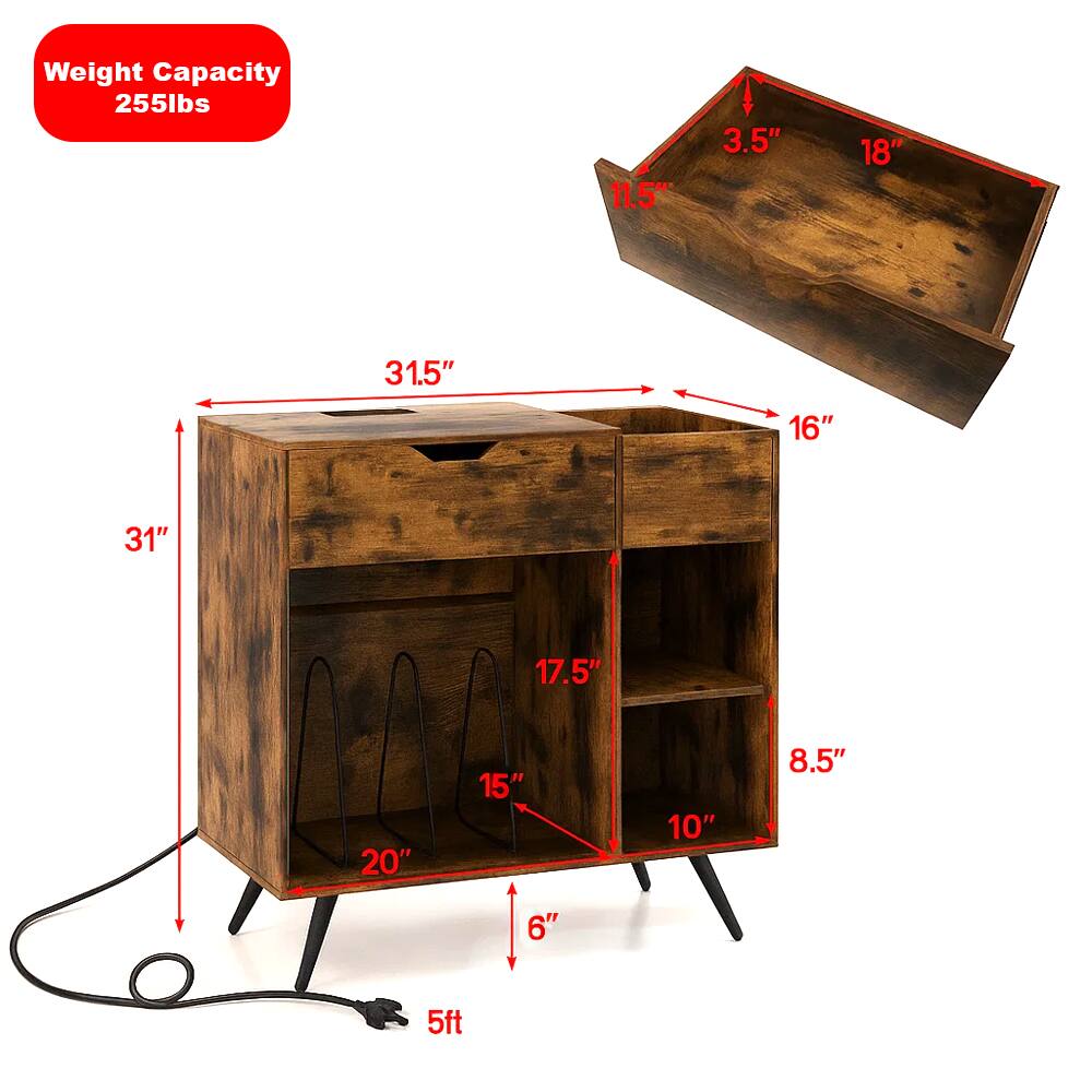 Weight Capacity: 255lbs

Dimensions:
- Length: 31.5"
- Width: 18"
- Height: 31"
- Depth: 16"
- Shelf 1: 17.5" (width) x 10" (height)
- Shelf 2: 15" (width) x 8.5" (height)
- Drawer: 11.5" (width) x 3.5" (height)
- Overall Height: 31"
- Cord Length: 5ft