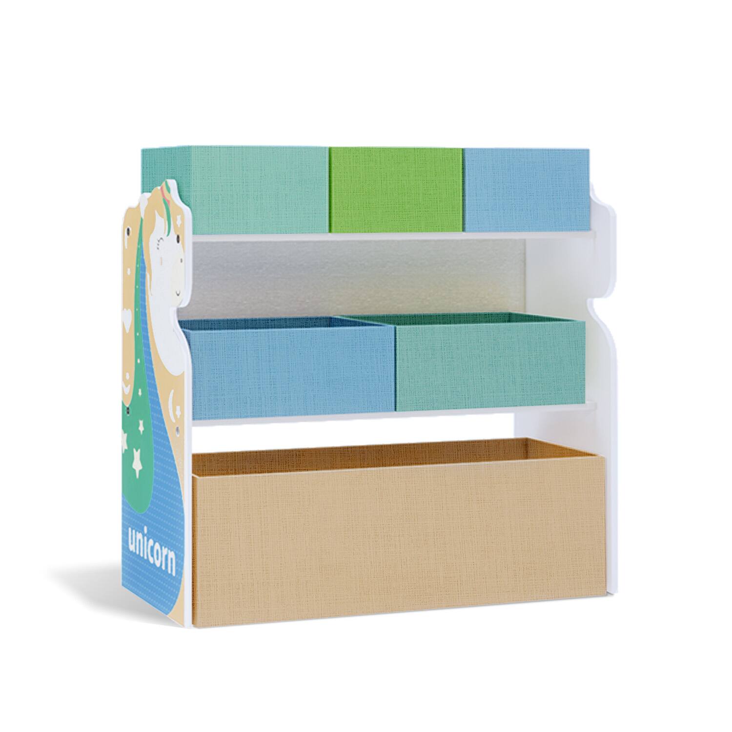 Alt View 5. Malletson - Kids Toy Storage Organizer with Fabric Bins, 3-Tier Children’s Toy Shelf with Unicorn Side Panels for Playroom, Bedroom - Multicolor.