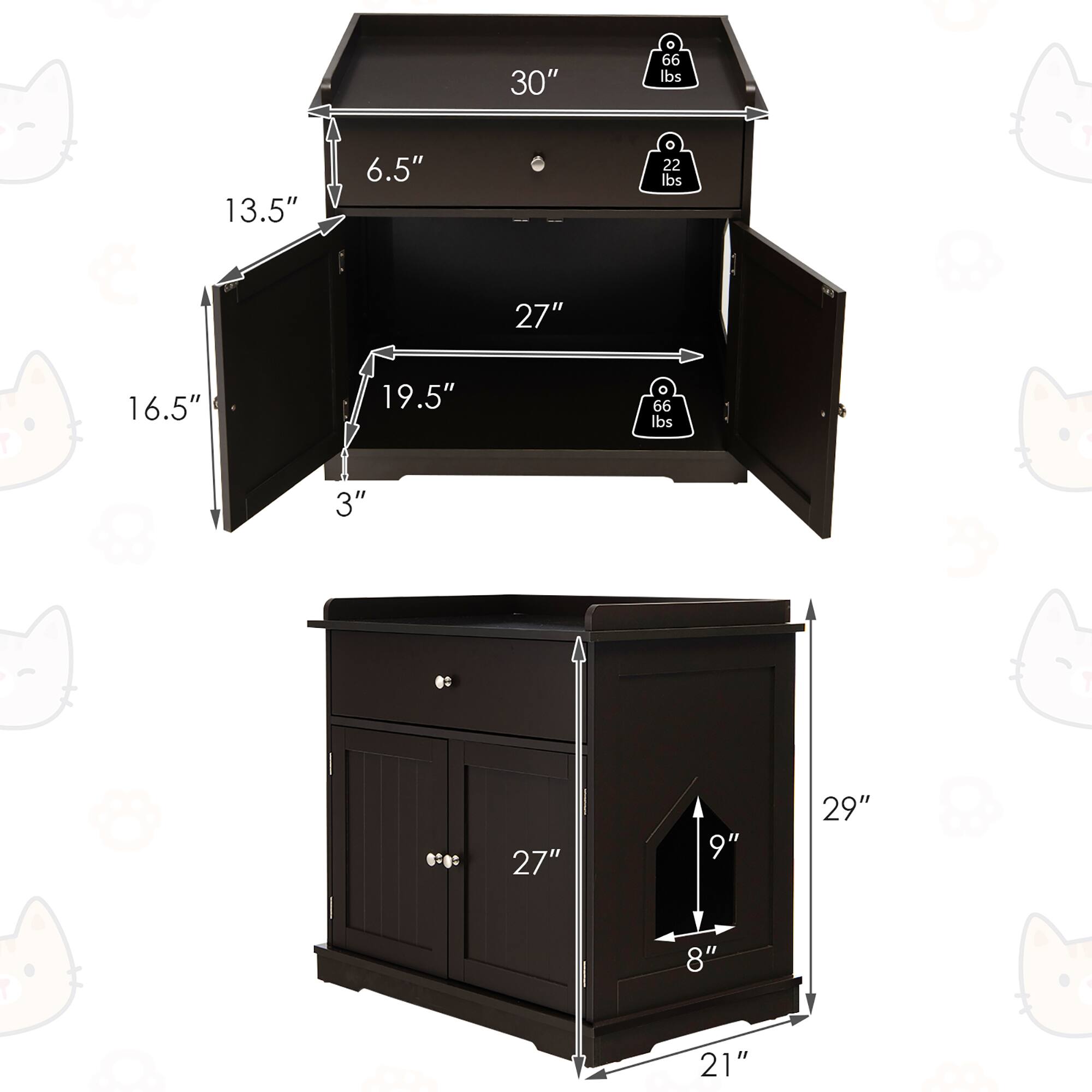 - Top Cabinet:
  - Width: 30"
  - Depth: 13.5"
  - Height: 6.5"
  - Weight Capacity: 66 lbs

- Middle Cabinet:
  - Width: 27"
  - Depth: 19.5"
  - Height: 3"
  - Weight Capacity: 66 lbs

- Bottom Cabinet:
  - Width: 27"
  - Depth: 21"
  - Height: 29"
  - Interior Depth: 9"
  - Interior Height: 8"
  - Weight Capacity: 22 lbs