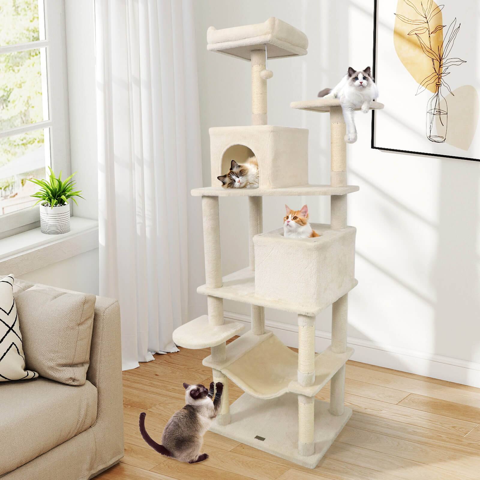 Alt View 1. Costway - Costway 70" Cat Tree for Indoor Cats with Padded Top Perch, Dual Condos, Hammock, Platforms - Beige.