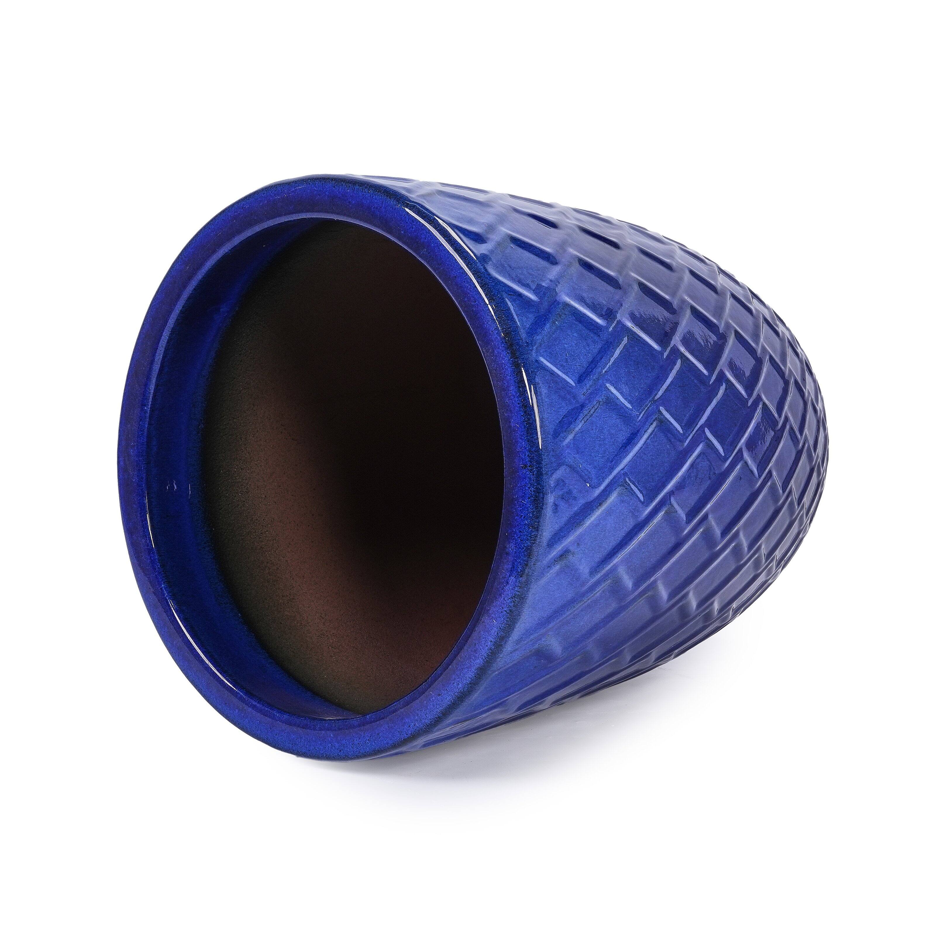 Alt View 7. Loheer - Loheer Ceramic Planter Pot, 17 Inch Navy Blue Handmade Clay Planter, Diamond Pattern Large Indoor Outdoor Planter.