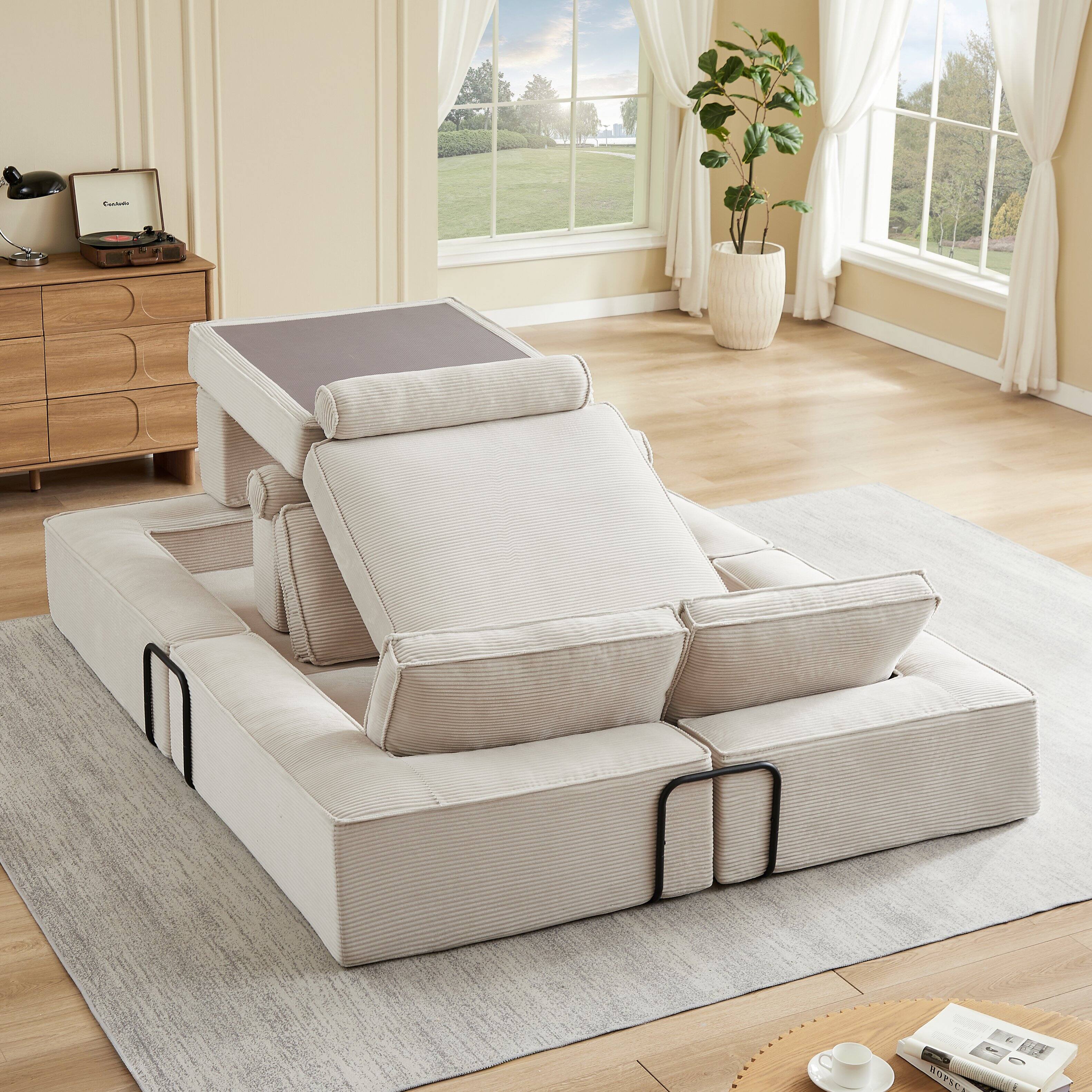 Alt View 4. Loheer - Loheer Large Modular Corduroy Sofa Freely Combinable Sectional Modern Building Block Couch - khaki.