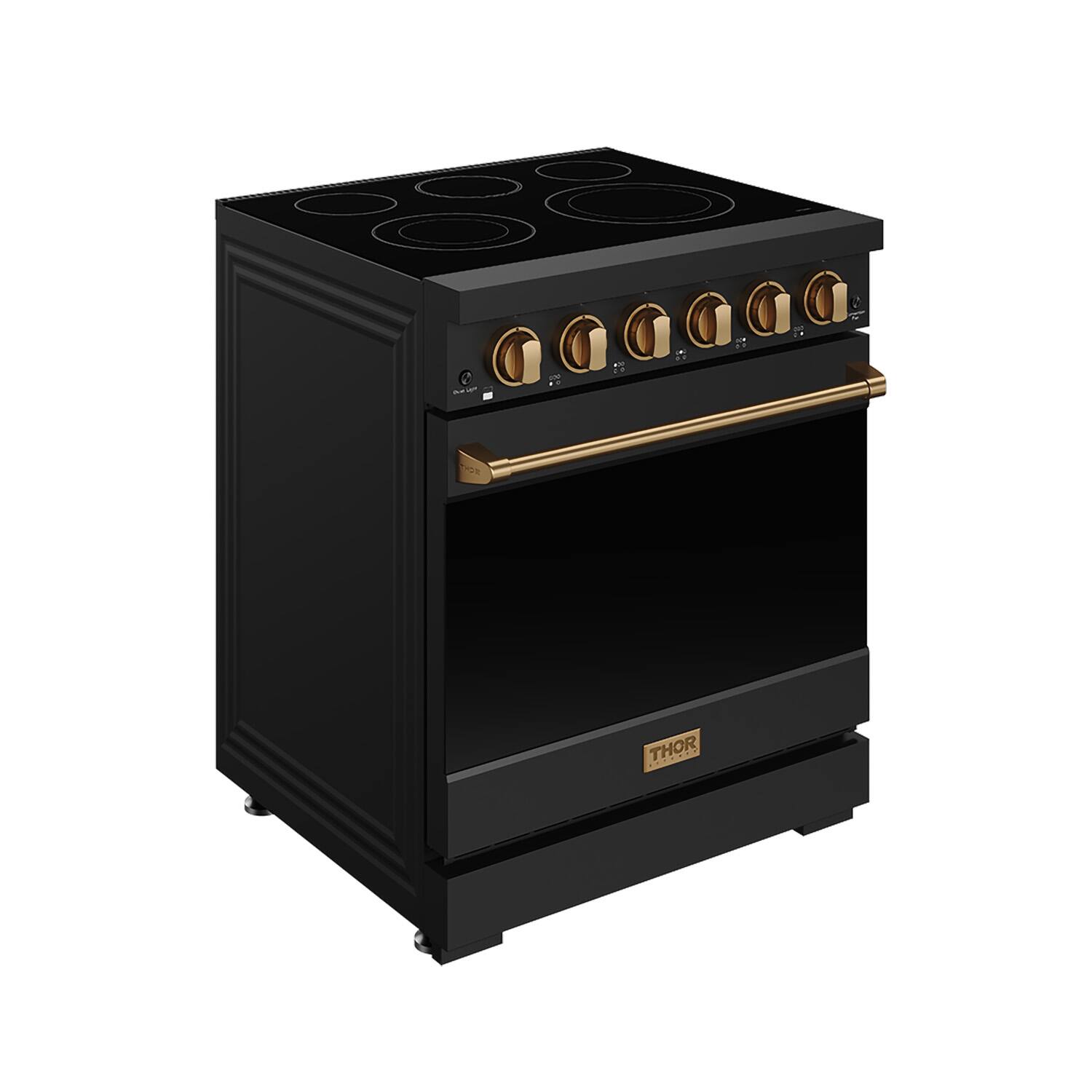 Angle. Thor Kitchen - Gordon Ramsay Series by Thor Kitchen 4.55 Cu. Ft Freestanding Electric Range with Bronze Hardware - Matte Black.