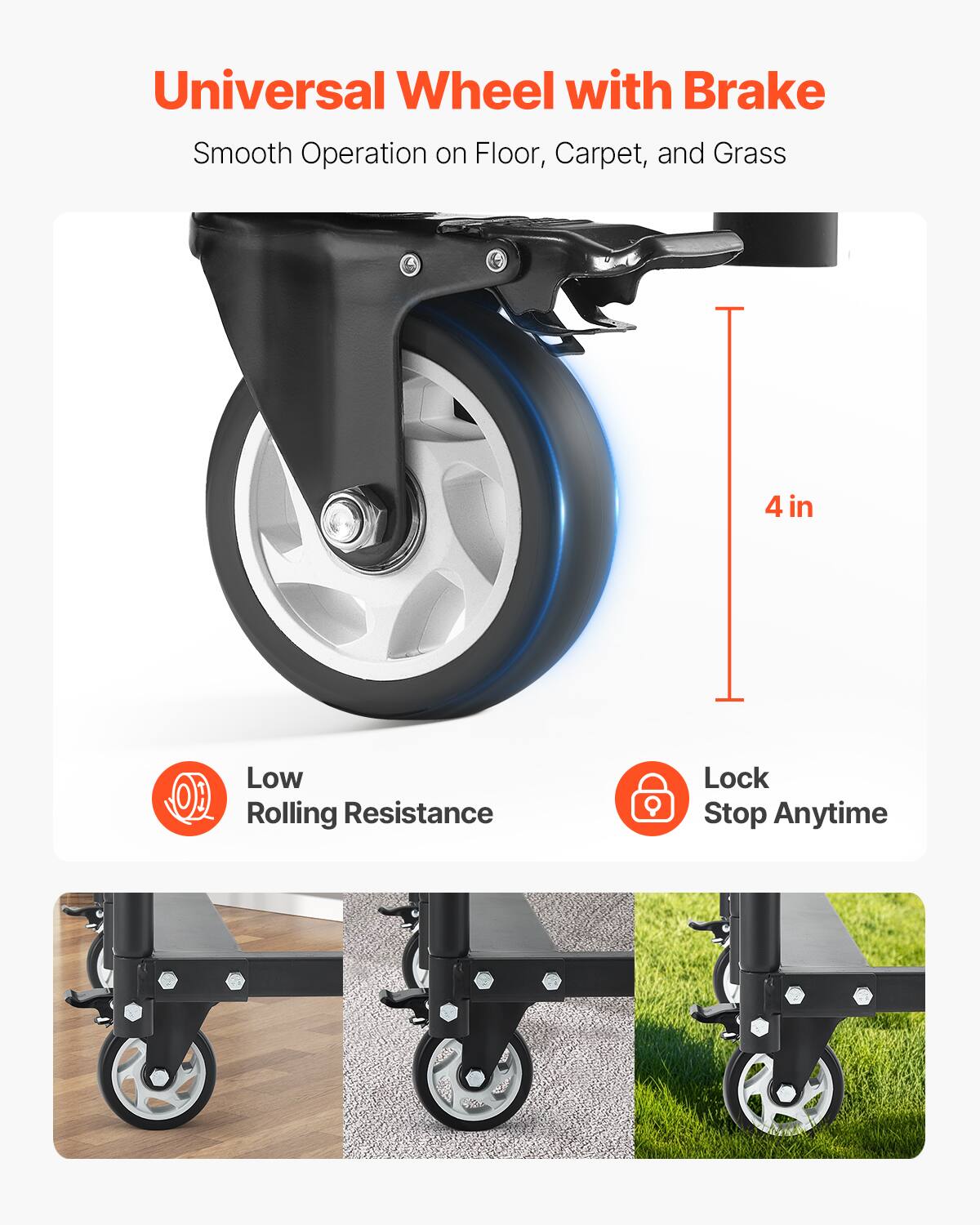 Universal Wheel with Brake, Smooth Operation on Floor, Carpet, and Grass, 4 in, Low Rolling Resistance, Lock Stop Anytime