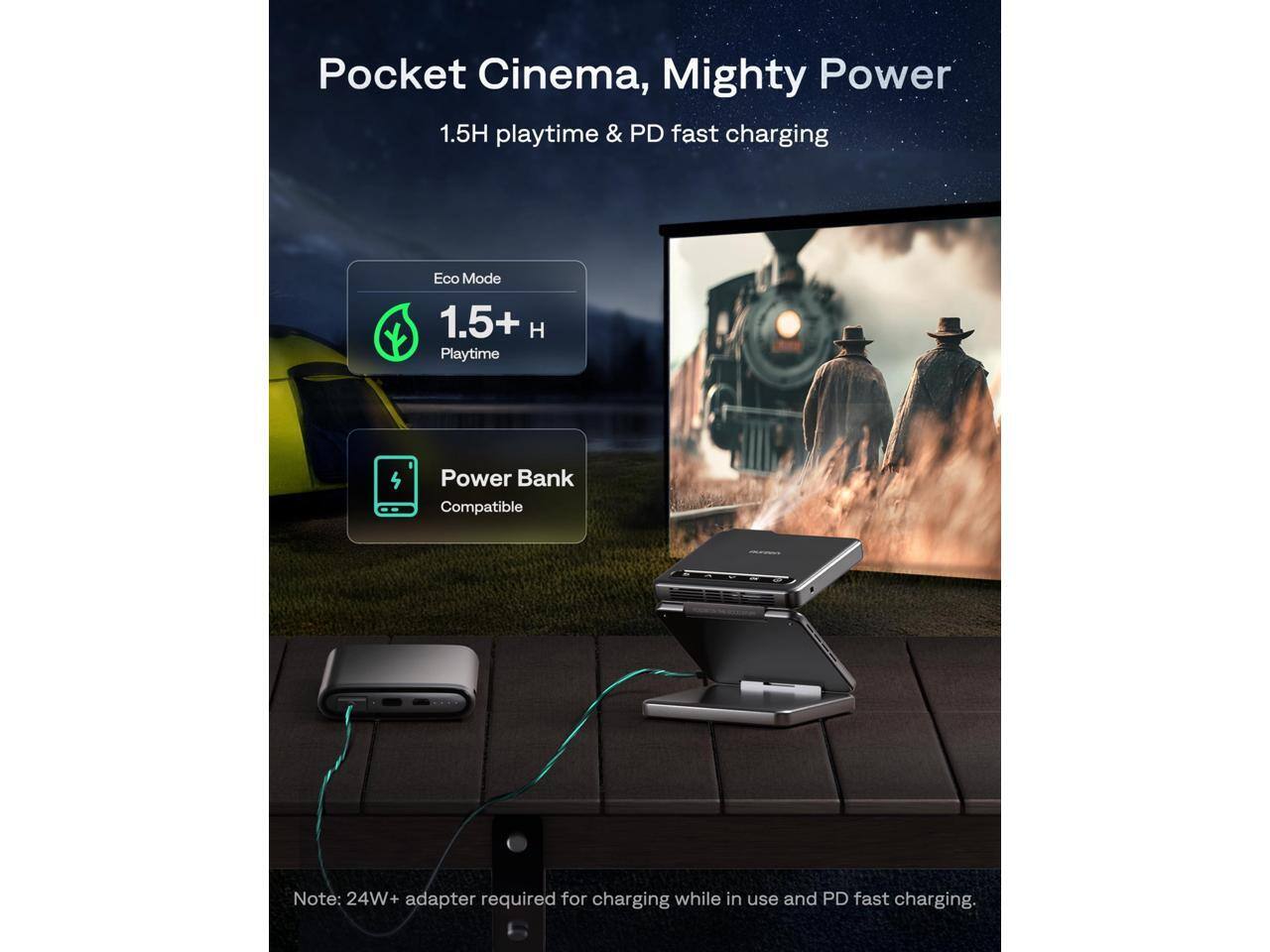 Pocket Cinema, Mighty Power  
1.5H playtime & PD fast charging  

Eco Mode  
1.5+ H Playtime  

Power Bank Compatible  

Note: 24W+ adapter required for charging while in use and PD fast charging.
