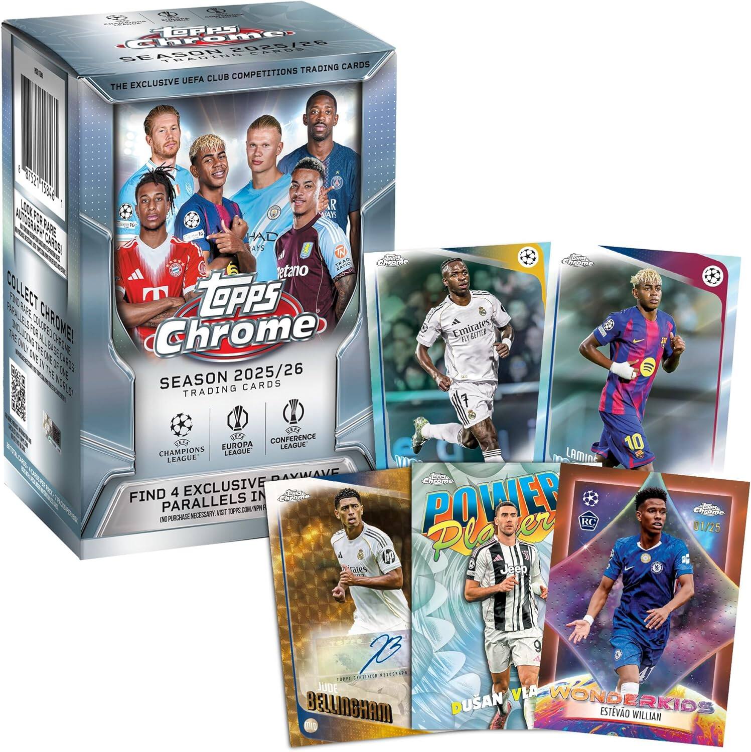 Topps Chrome  
Season 2025/26  
Trading Cards  

The Exclusive UEFA Club Competitions Trading Cards  

Look for Rare Autograph Cards!  
Collect Chrome!  
Find 4 Exclusive Parallels in Each Pack  

UEFA Champions League  
UEFA Europa League  
UEFA Conference League  

Topps Chrome  
Season 2025/26  
Trading Cards  

Emirates  
Fly Better  

POWER Player  
RC  

Dusan Vlahovic  
Wonderkids  
Estevao Willian  

Jude Bellingham