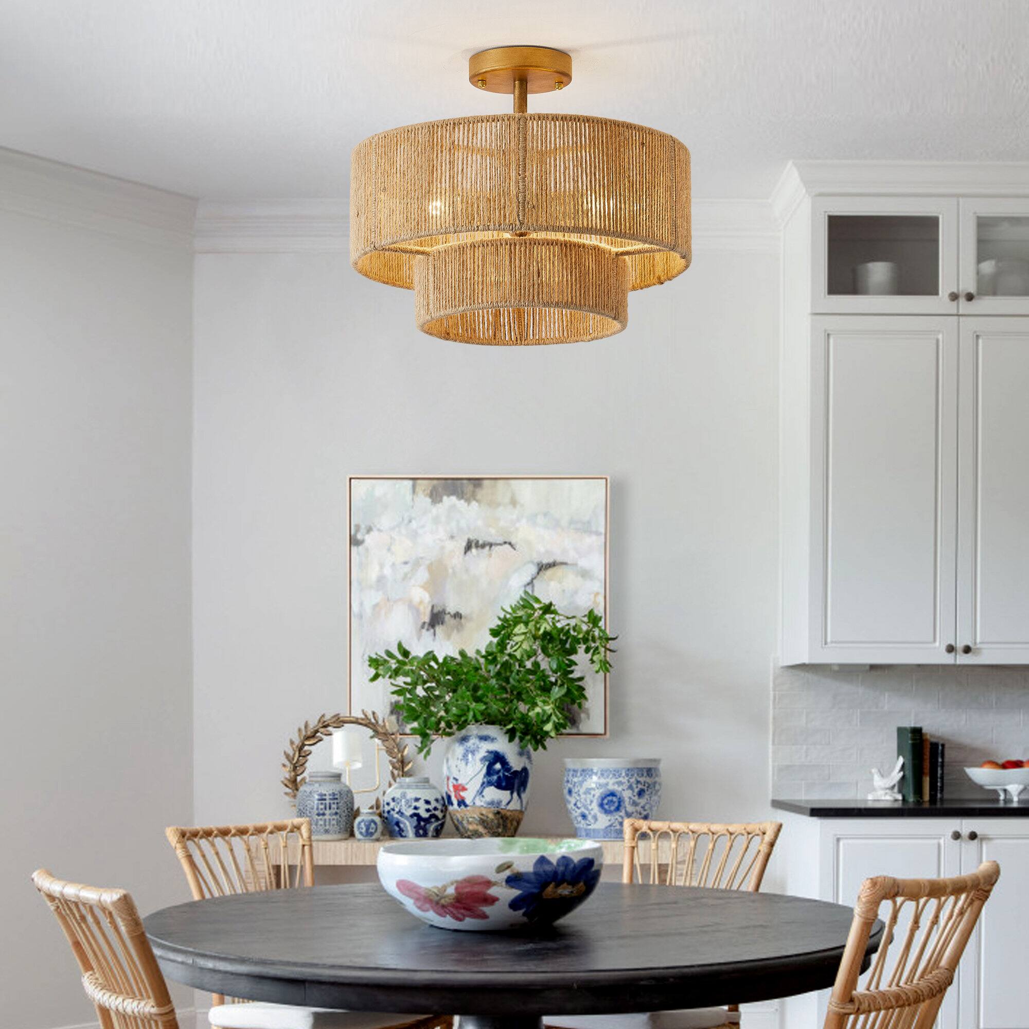 Left. Parrot Uncle - 3-Light Traditional Farmhouse Wabi-Sabi Flush Mount Light - Brown.