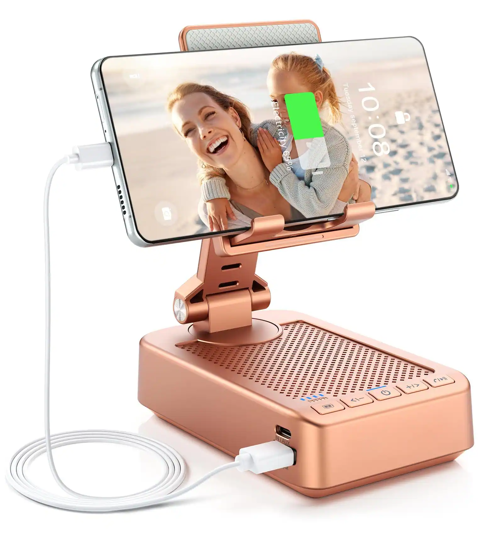 PO3TICJUNKI3 - Gifts For Men Women Phone Stand With And Charging Function 360 Rotable Angle Cell Holder Hd Stereo Sound - Rose Gold