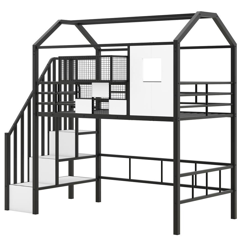 Alt View 9. Loheer - Loheer Metal Loft Bed with Roof Design Twin Size Black House Loft Bed with Storage Box and Integrated Ladder - Black.