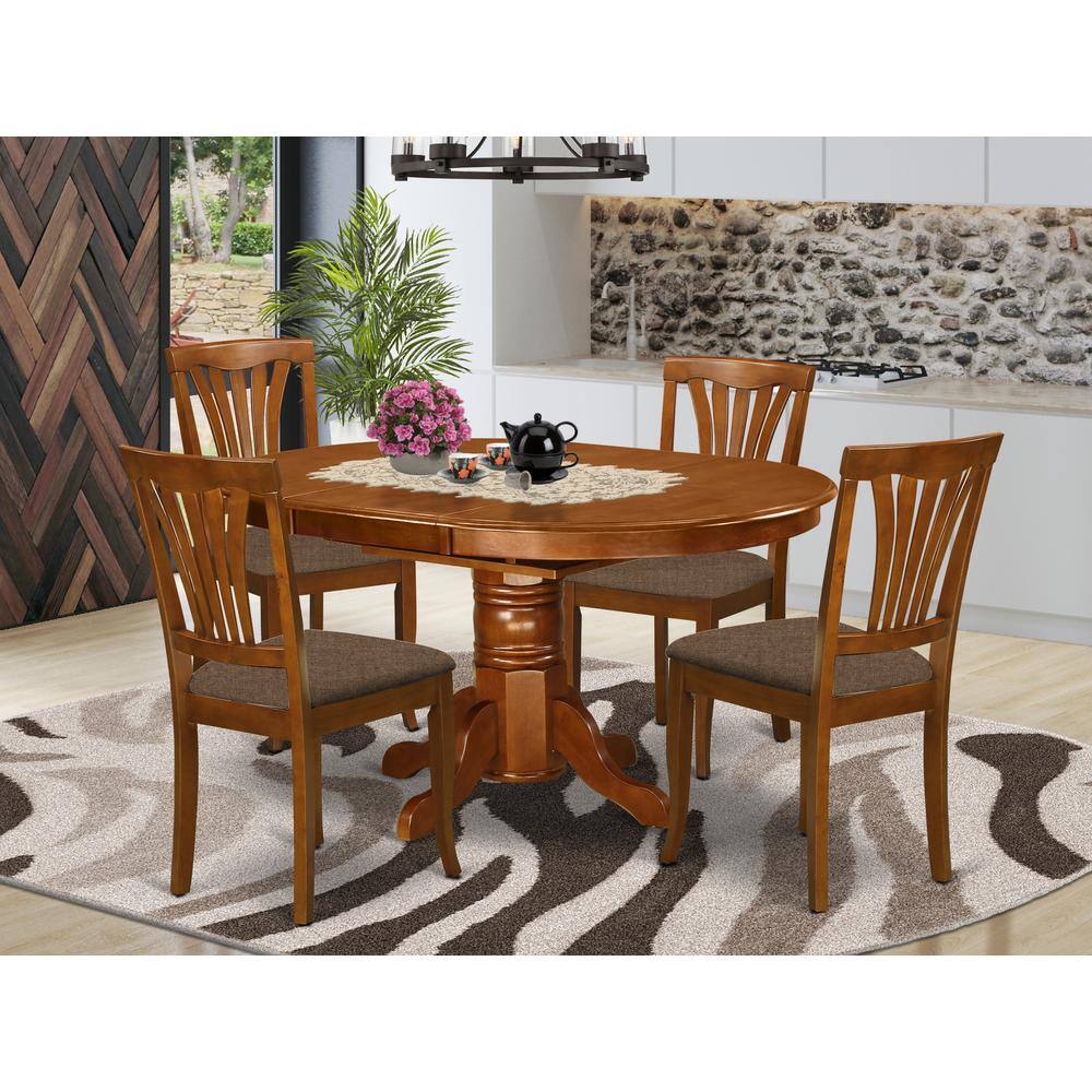 Back. East West Furniture - AVON5-SBR-C 5 Pc set Dinette Table featuring Leaf and 4 Fabric Dinette Chairs in Saddle Brown - Saddle Brown.