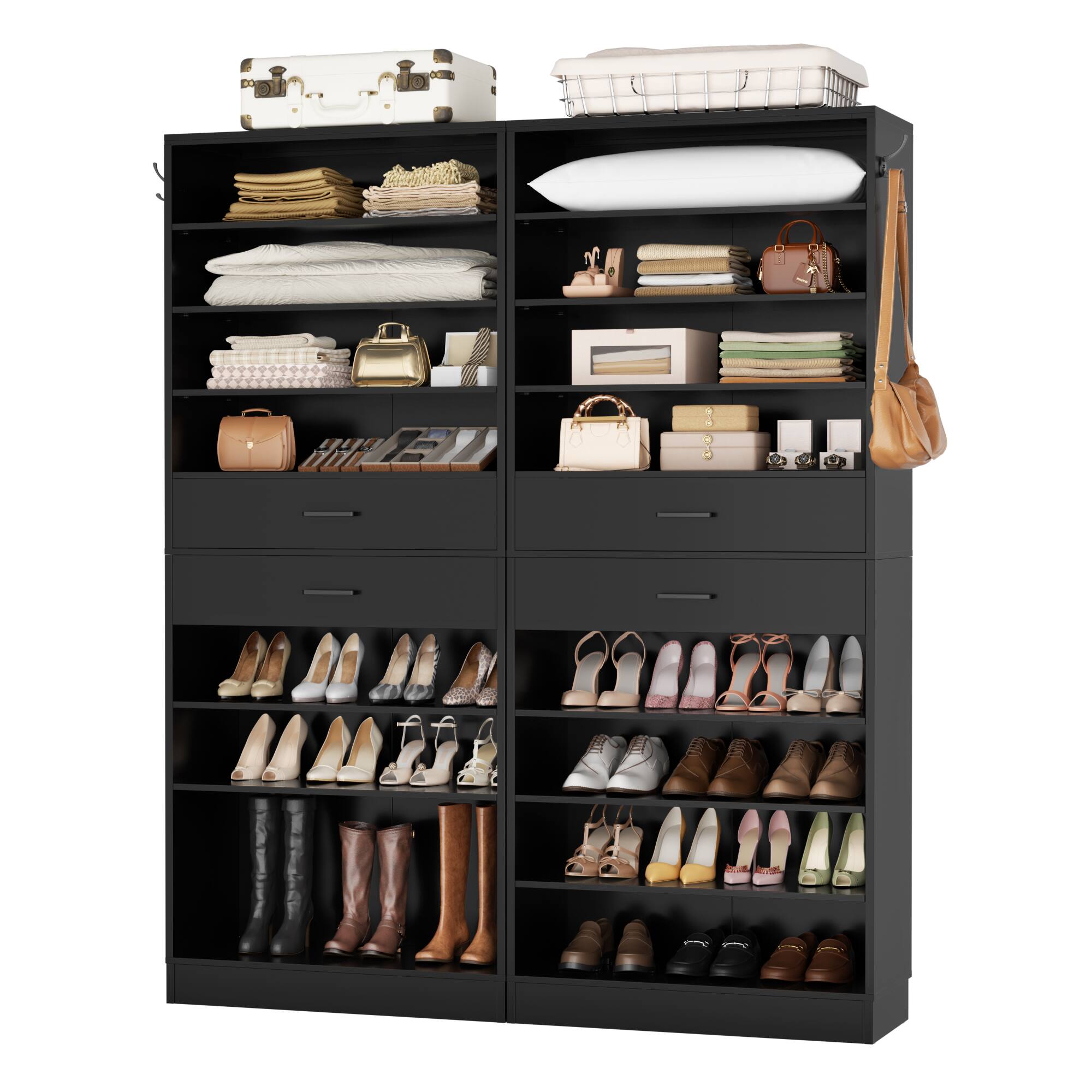Alt View 3. Aheaplus - 10-Tier 65cm Freestanding Shoe Armoire with 2 Drawers, Adjustable Shelves & Side Hooks – Entryway/Bedroom - Black.