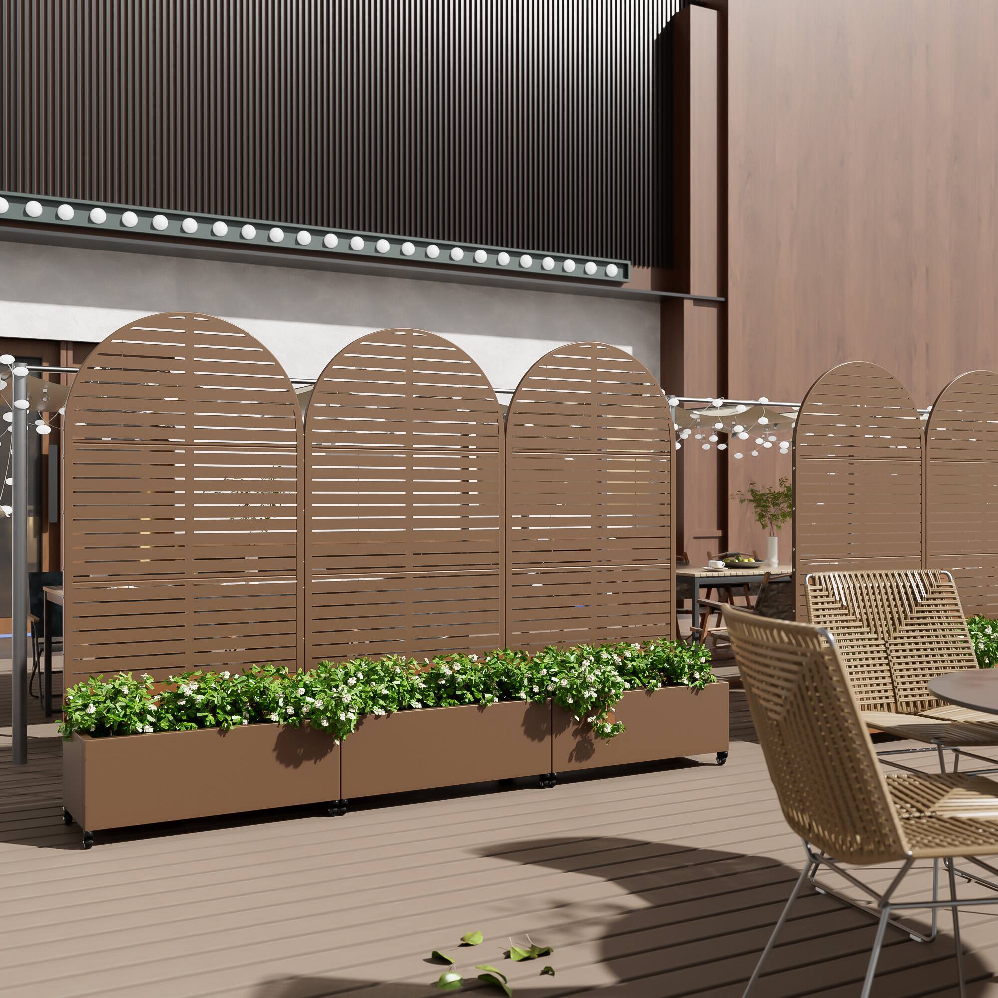 Alt View 2. PexFix - 72 in. H x 35 in. W Louvered Pattern Arch Metal Planter Box Raised Garden Beds with Trellis-Ideal for Balcony - Brown.