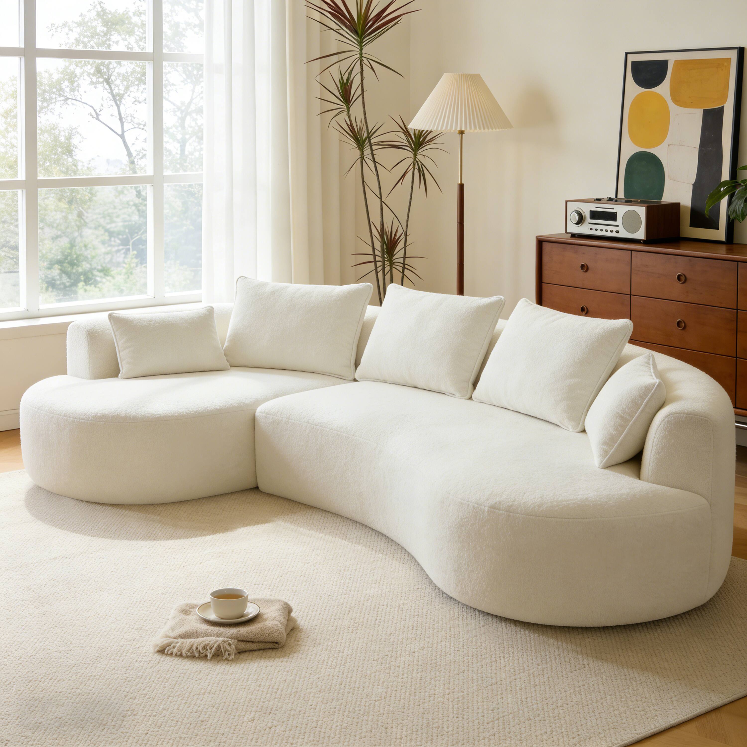 Angle. Dyonery - 122" Modern Curved Sectional Sofa with Chaise, Boneless Couch with 5 Throw Pillows  for Living Room - Beige.