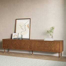 POVISON - 94.49"Mid-Century Modern TV Stand, Wood Media Console with Cabinets, Tall-Cast Legs - Walnut Color