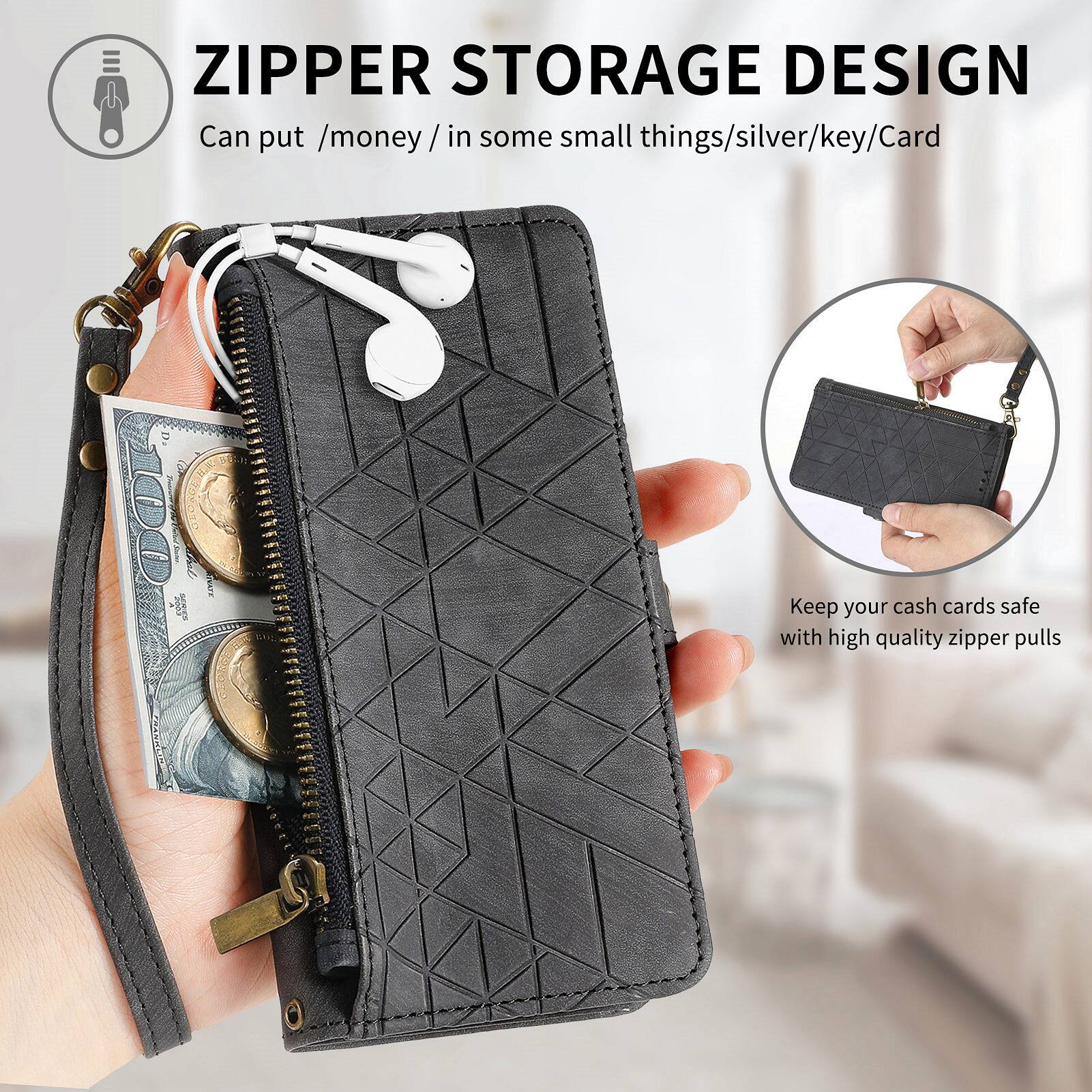 ZIPPER STORAGE DESIGN  
Can put /money/ in some small things/silver/key/Card  

Keep your cash cards safe with high quality zipper pulls