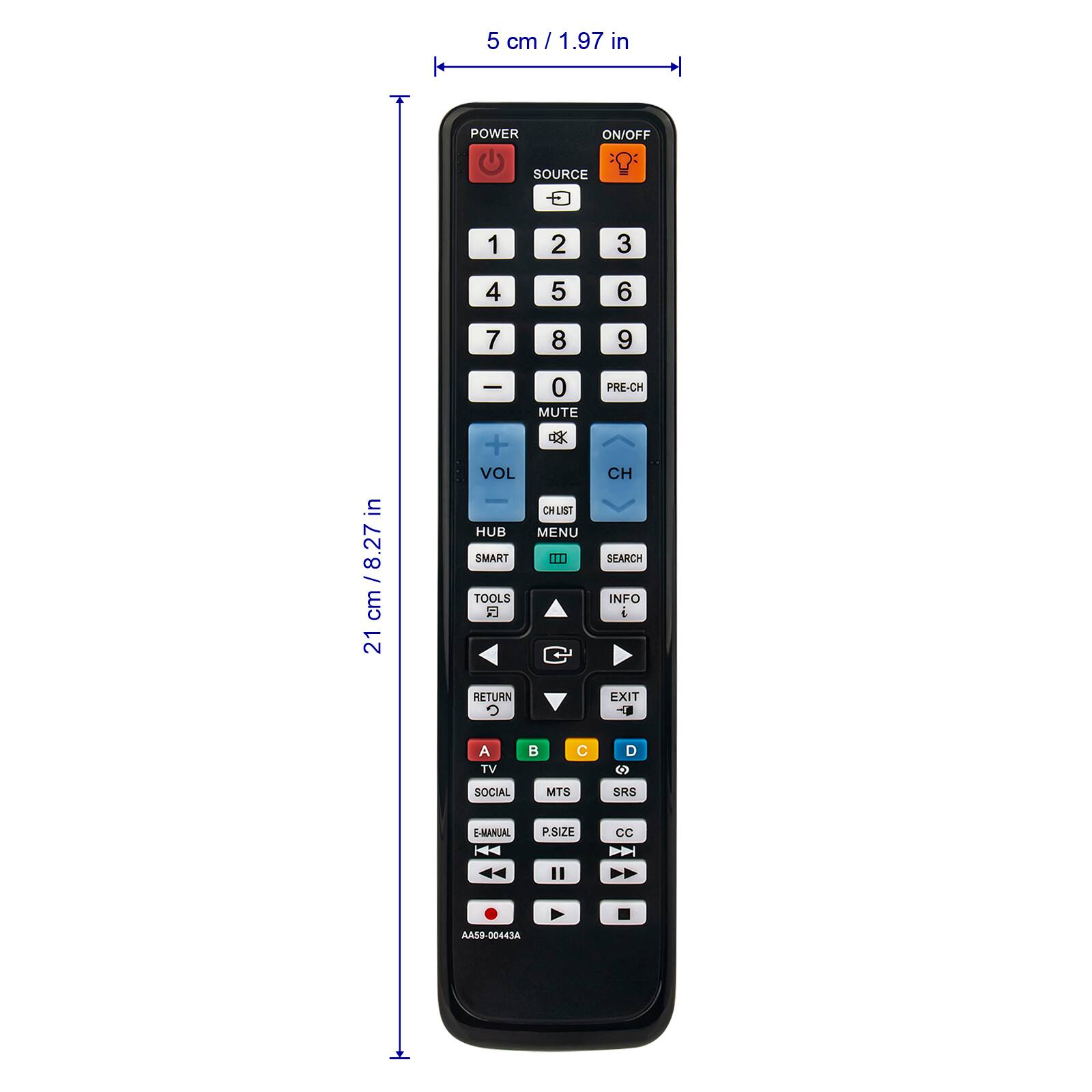 5 cm / 1.97 in

POWER
ON/OFF
SOURCE

1
2
3
4
5
6
7
8
9
0
PRE-CH

MUTE
VOL
CH
CHLIST
MENU

SMART
TOOLS
INFO

RETURN
EXIT

A TV
B
C
D

SOCIAL
MTS
SRS

E-MANUAL
P.SIZE
CC

21 cm / 8.27 in

AA59-00443A
