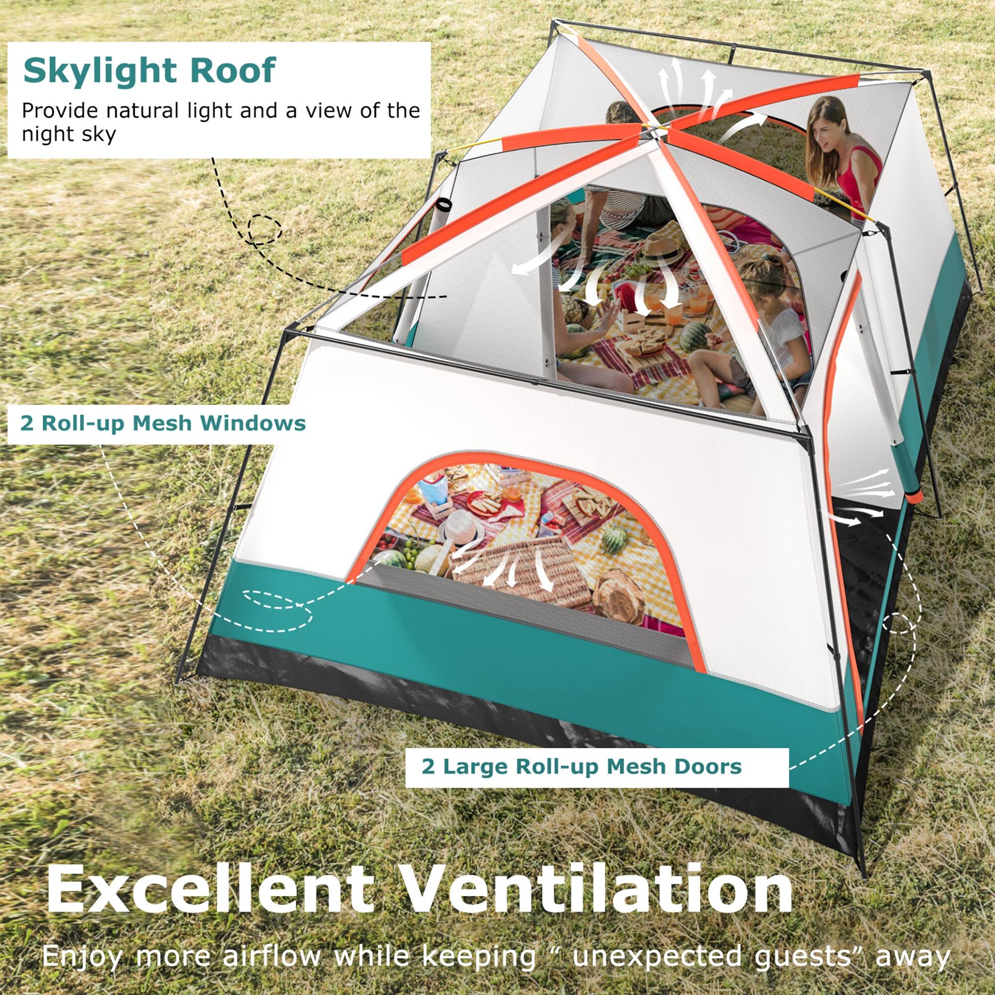 Skylight Roof  
Provide natural light and a view of the night sky  

2 Roll-up Mesh Windows  

2 Large Roll-up Mesh Doors  

Excellent Ventilation  
Enjoy more airflow while keeping "unexpected guests" away
