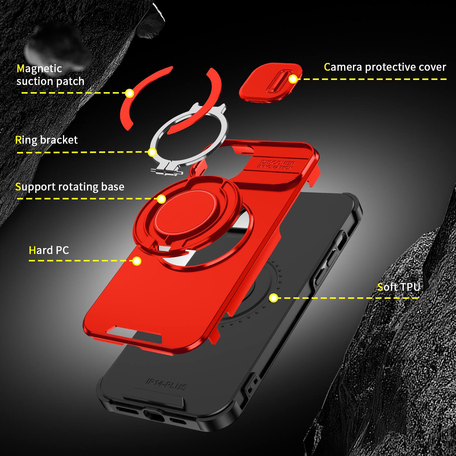 Magnetic suction patch  
Camera protective cover  
Ring bracket  
Support rotating base  
Hard PC  
Soft TPU  
IP14-PLUS