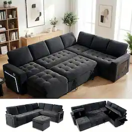 Dyonery - 7-seater U-shaped sofa, with pull-out bed, reclining backrest, storage cabinet, tool-free assembly, snow velvet - Gray