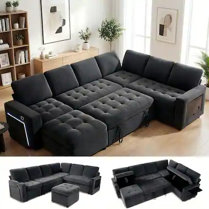 Front. Dyonery - Dyonery 7-seater U-shaped sofa, with pull-out bed, reclining backrest, storage cabinet, tool-free assembly, snow velvet - Grey.