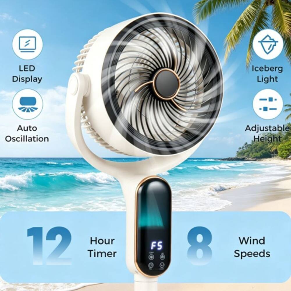 LED Display Iceberg Light Auto Oscillation Adjustable Height 12 Hour Timer 8 Wind Speeds