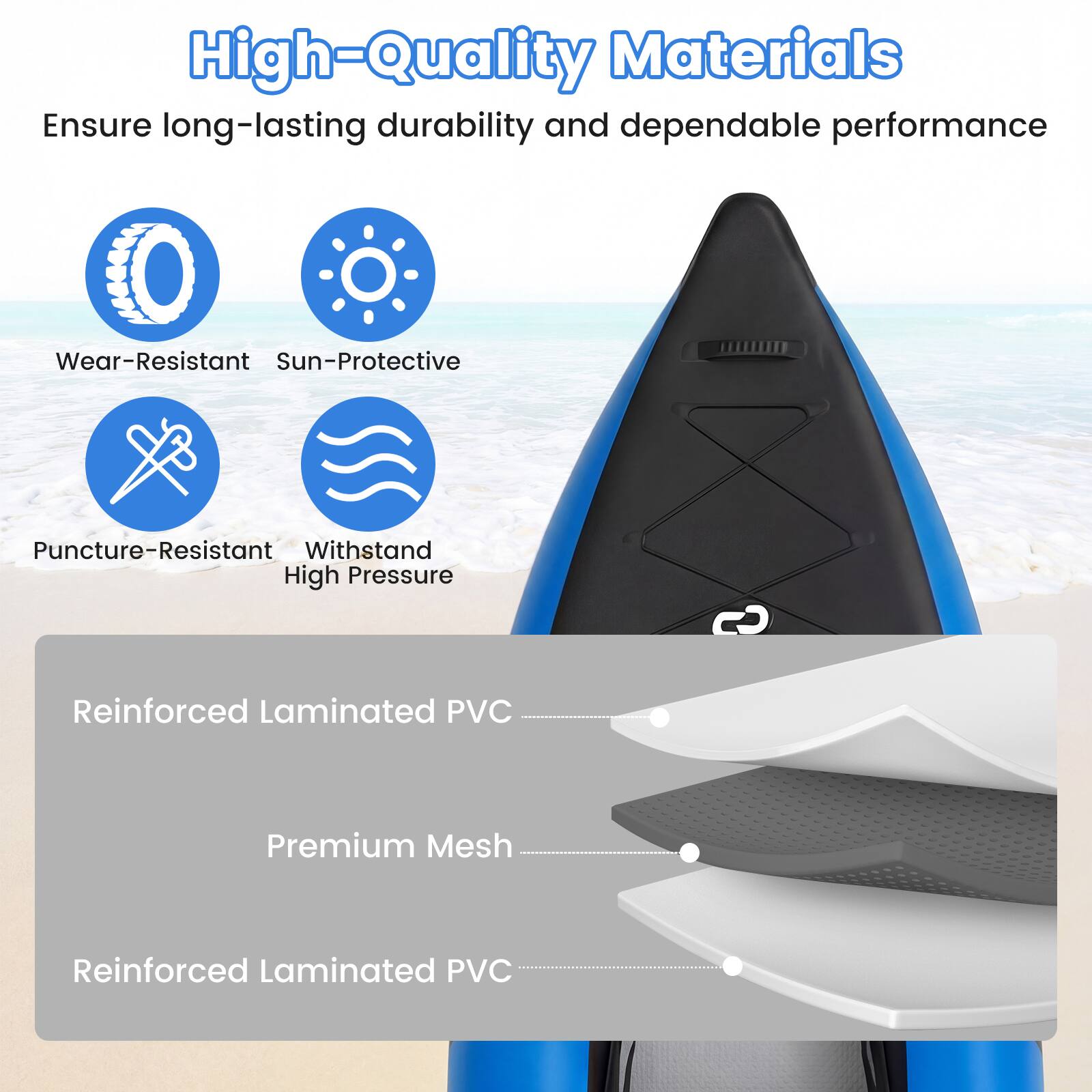 High-Quality Materials Ensure long-lasting durability and dependable performance

- Wear-Resistant
- Sun-Protective
- Puncture-Resistant
- Withstand High Pressure

Reinforced Laminated PVC
Premium Mesh
Reinforced Laminated PVC