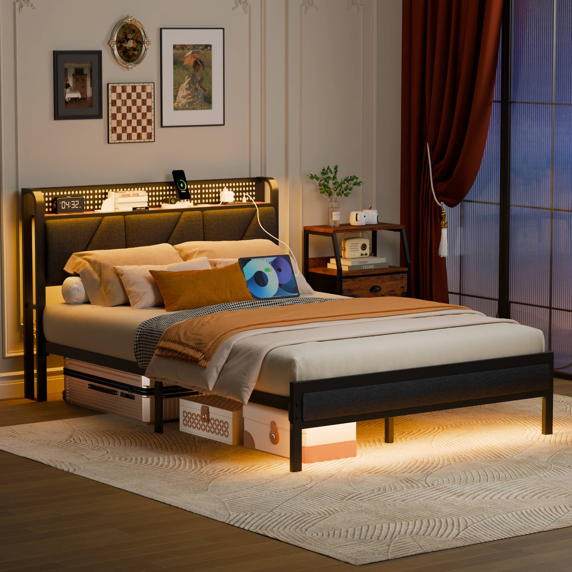 Left. Furnulem - Metal Storage Bed Frame with Upholstered Storage Headboard & Charging Station & LED - Brown.