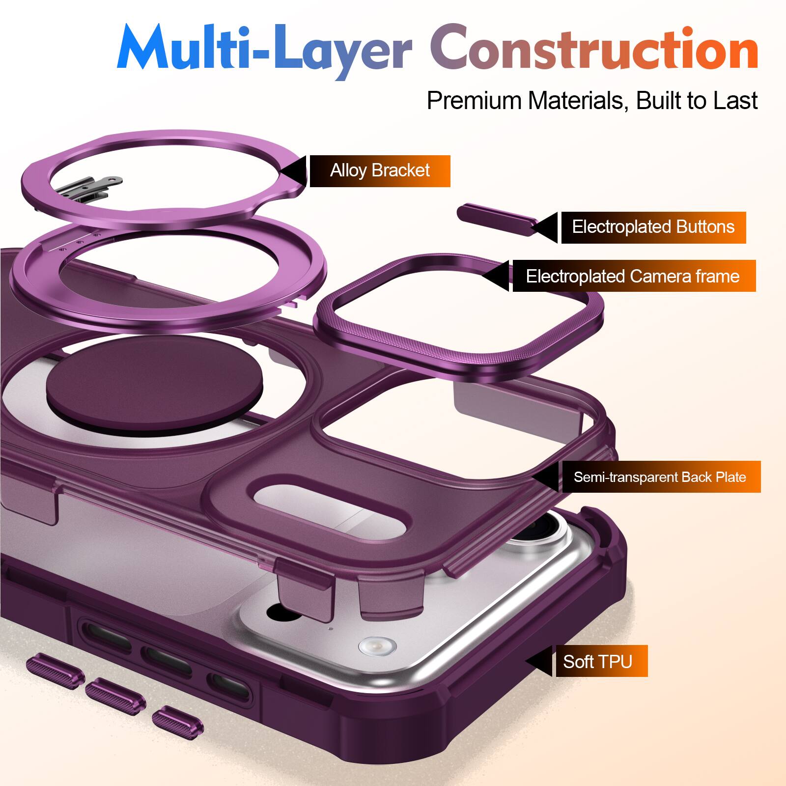 Multi-Layer Construction  
Premium Materials, Built to Last  

- Alloy Bracket  
- Electroplated Buttons  
- Electroplated Camera frame  
- Semi-transparent Back Plate  
- Soft TPU