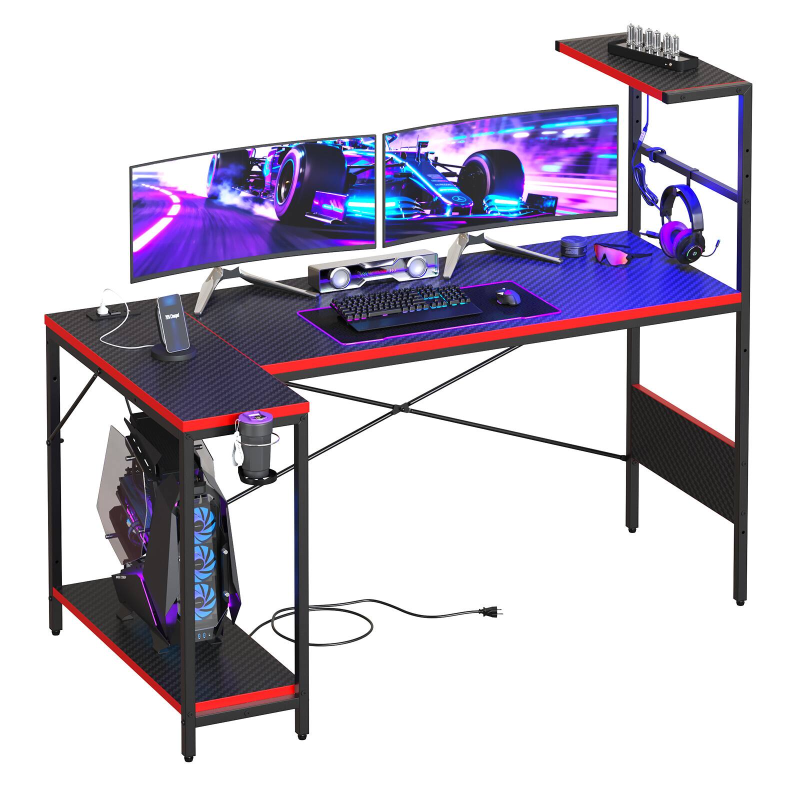 Alt View 4. RSPGAME - 57.4'' Gaming Desk with Power Outlet LED Lights Reversible Computer Desk with Shelf Holder & Hook, Gaming Table for Home - Black & Red.