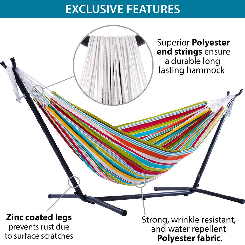 EXCLUSIVE FEATURES

- Superior Polyester end strings ensure a durable long lasting hammock
- Zinc coated legs prevent rust due to surface scratches
- Strong, wrinkle resistant, and water repellent Polyester fabric.