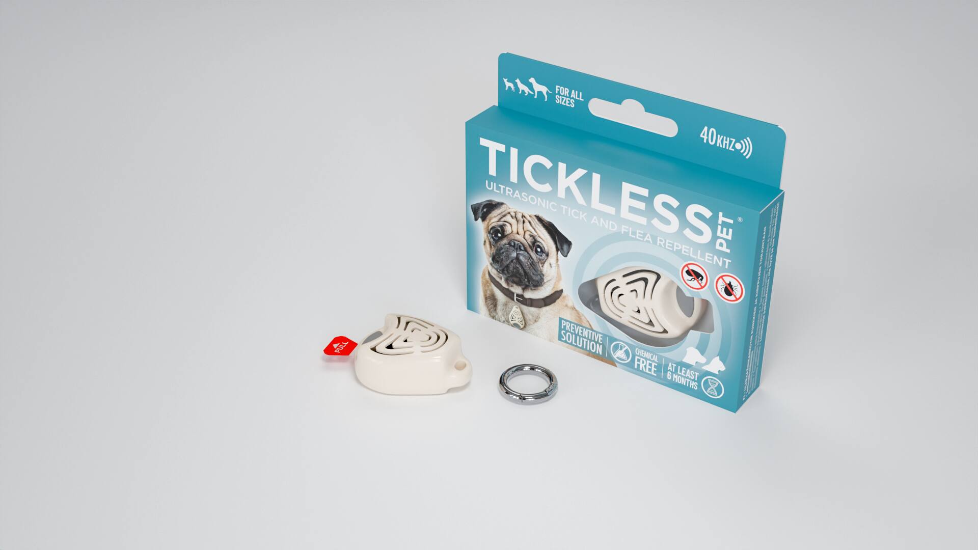 PULL FOR ALL SIZES  
40 KHZ  
TICKLESS ULTRASONIC TICK AND FLEA PET REPELLENT  
PREVENTIVE | CHEMICAL FREE  
6 AT LEAST MONTHS