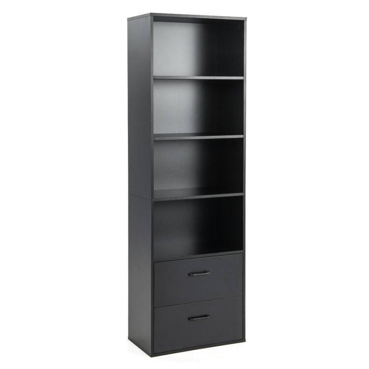 Front. SlickBlue - 6-Tier Tall Freestanding Bookshelf with 4 Open Shelves and 2 Drawers - Black.