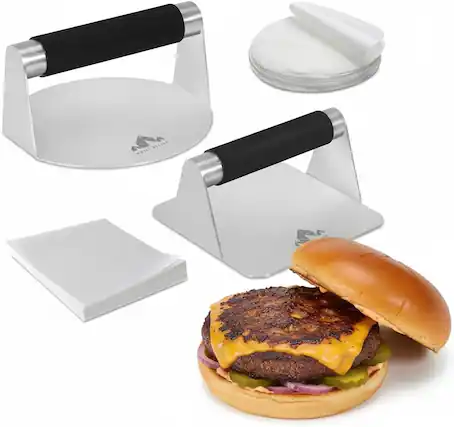 Front. MOSZAR LLC - 5.5" Stainless Steel Burger Press – Round & Square, Non-Stick, Silicone Handle.