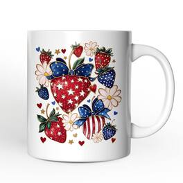 OrnamentallyYou - Patriotic Boho Strawberries Bouquet Mug, 4th of July Gift - White