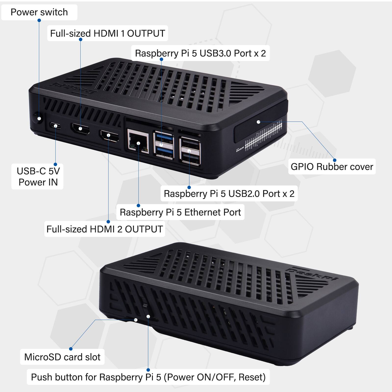 - Power switch
- Full-sized HDMI 1 OUTPUT
- Raspberry Pi 5 USB3.0 Port x 2
- GPIO Rubber cover
- USB-C 5V Power IN
- Raspberry Pi 5 USB2.0 Port x 2
- Raspberry Pi 5 Ethernet Port
- Full-sized HDMI 2 OUTPUT
- MicroSD card slot
- Push button for Raspberry Pi 5 (Power ON/OFF, Reset)
