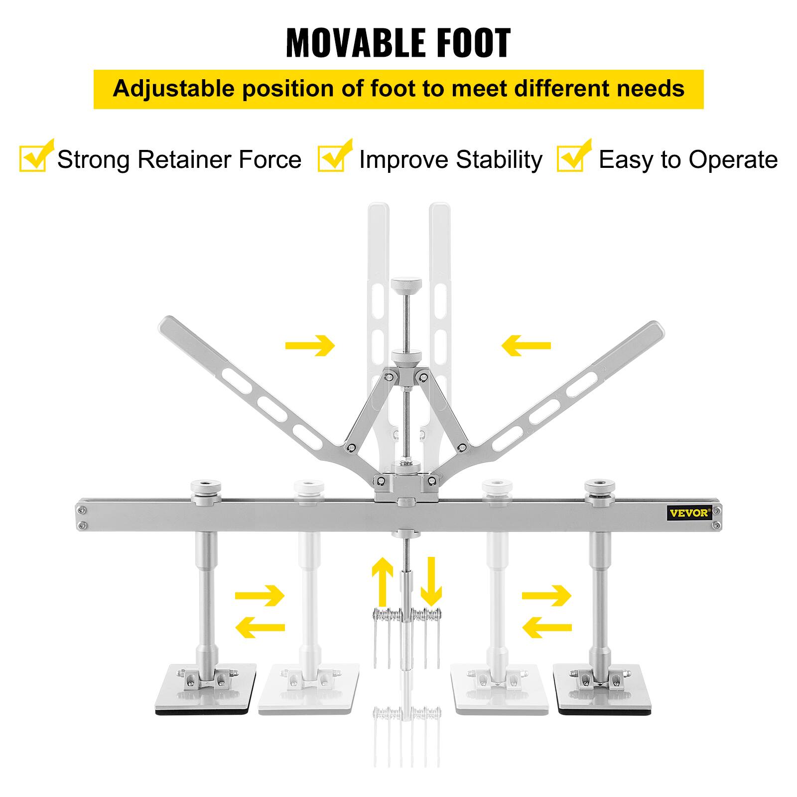 MOVABLE FOOT  
Adjustable position of foot to meet different needs  
- Strong Retainer Force  
- Improve Stability  
- Easy to Operate  

1 C VEVOR Peloof 15390 Poctanl