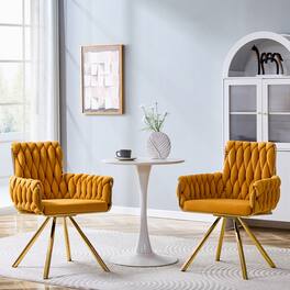 Anysun - Set of 2 Velvet Braided Dining Chairs with Gold Metal Legs, Modern Luxury Accent Armchair with Woven Rope Backrest - Gold,Yellow