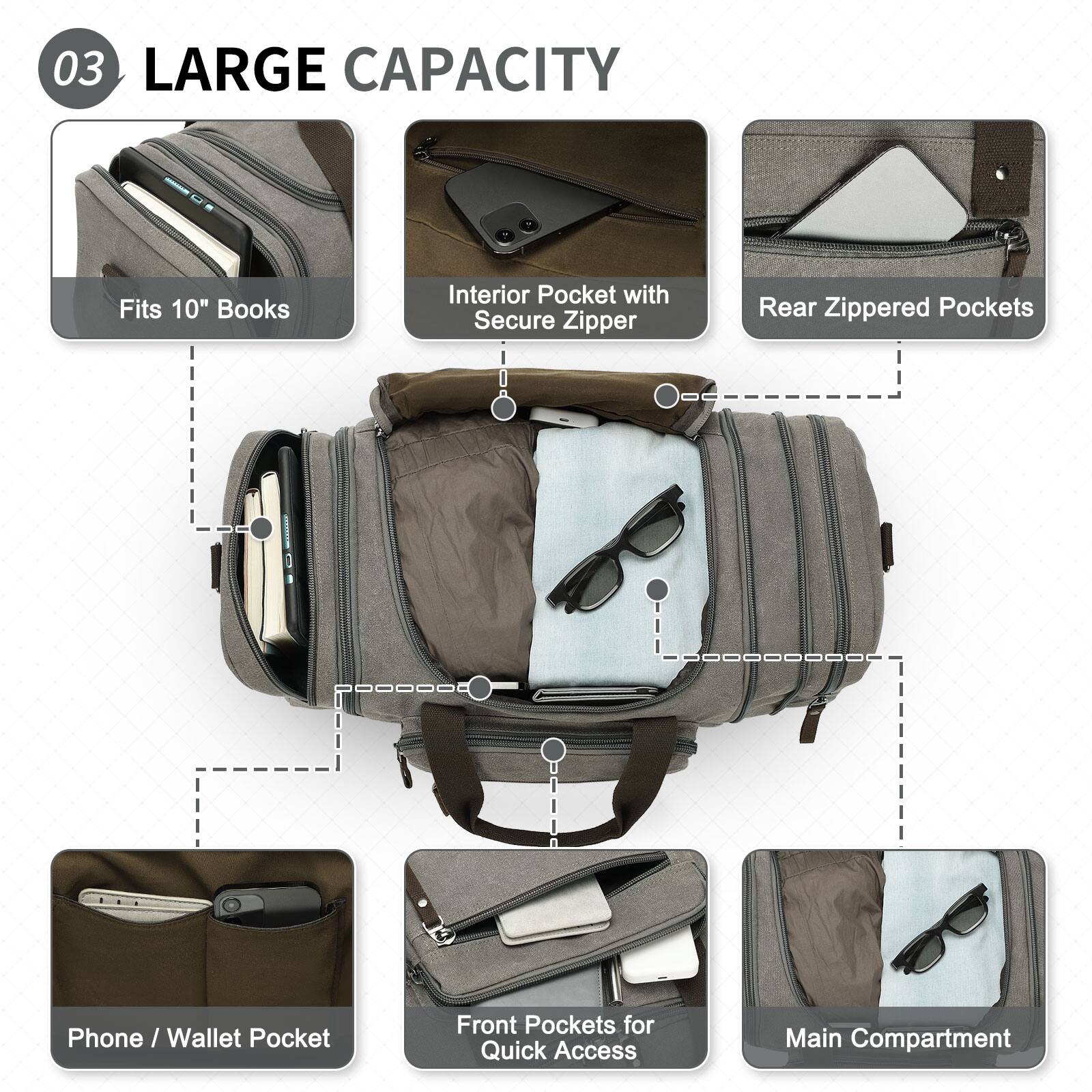 03 LARGE CAPACITY

- Fits 10" Books
- Interior Pocket with Secure Zipper
- Rear Zippered Pockets
- Phone / Wallet Pocket
- Front Pockets for Quick Access
- Main Compartment