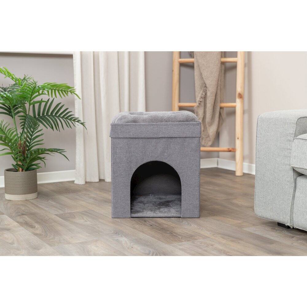Left. TRIXIE - Crazy Cube Stackable 1-Story Indoor Cat Condo, Cat House with Scratching Pad - Gray.